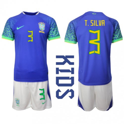 Fotballdrakt Barn Brasil Thiago Silva #3 Bortedraktsett VM 2022 Kortermet (+ Korte bukser)